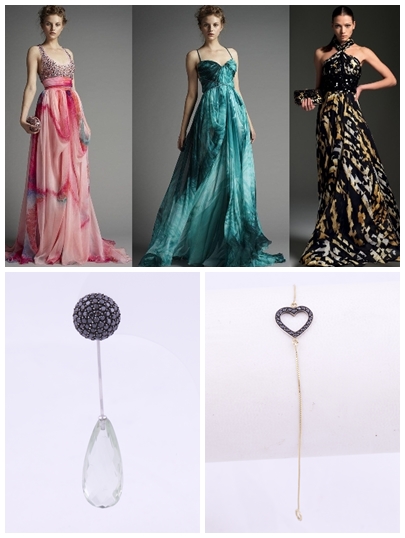 Tons de vestidos mais fortes pedem joias com cores singelas, como essas da PRO VÁS: Brinco em ouro branco com diamante negro e Praziolita; Pulseira em ouro amarelo e diamante negro